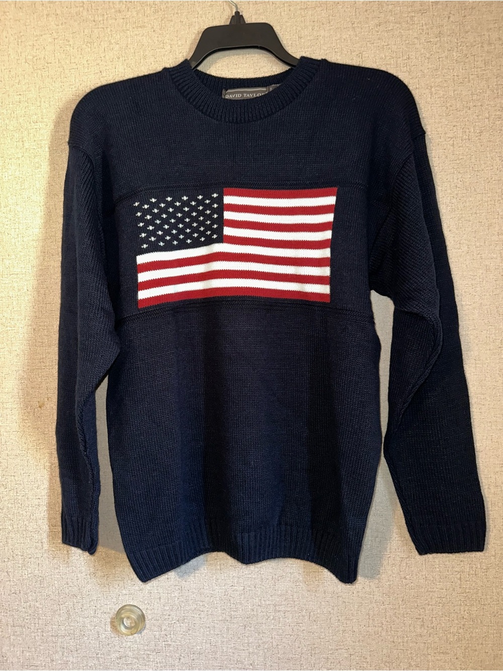 Vintage David Taylor Navy Crewneck Sweater with American Flag Panel